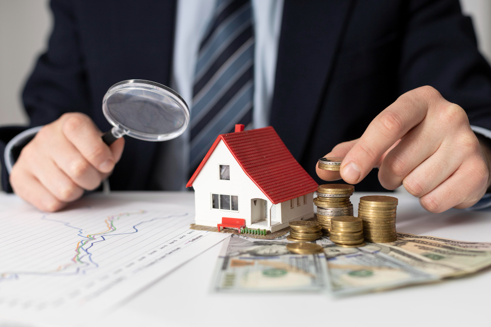 Businessperson in a suit examines real estate investment with a magnifying glass, a miniature house, coins, and cash on the desk