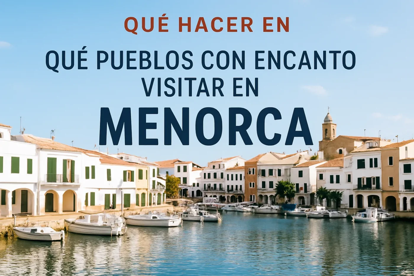 Banner reads 'Qué hacer en qué Pueblos con Encanto visitar en Menorca' over a harbor with white buildings and boats.